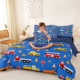 thumbnail image 3 of Castle Fairy Cartoon Construction Truck Print Bedding Comforter Set 7pcs for Teens, Fire Truck Seamless Queen Bedding Sets for Toddler Bedroom, Blue Orange,Navy Blue Reversible, 3 of 7