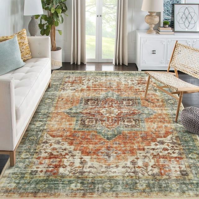 9'x12' Large Washable Vintage Persian Rug – Retro Medallion Brown Low-Pile Carpet