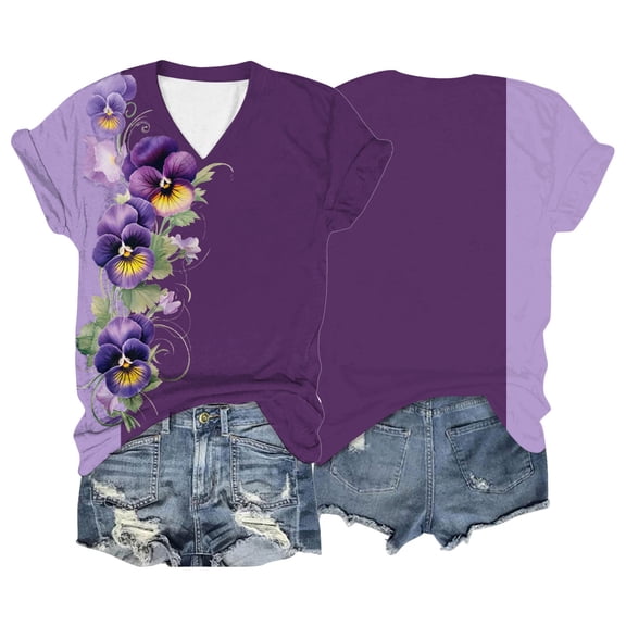 HOWPAY Womens T Shirts Graphic Boho Floral Short Sleeve V Neck Cute T-Shirt Loose Fit Casual Tee Tops Oversized Comfy Soft Y2K Clothes Dark Purple L