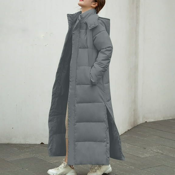 NSLGXD Womens Long Puffer Coat with Hood Maxi Length Full Zip Long Sleeve Quilted Padded Jackets Side Split Winter Warm Outerwear with Pockets Gray XXL