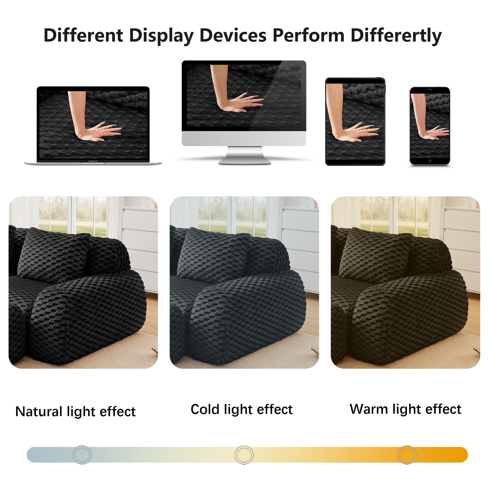 MAYEERTY 114" L-Shaped Modular Couch, Textured Flannelette, Movable Ottoman, Anti-Slip, No Assembly, Black