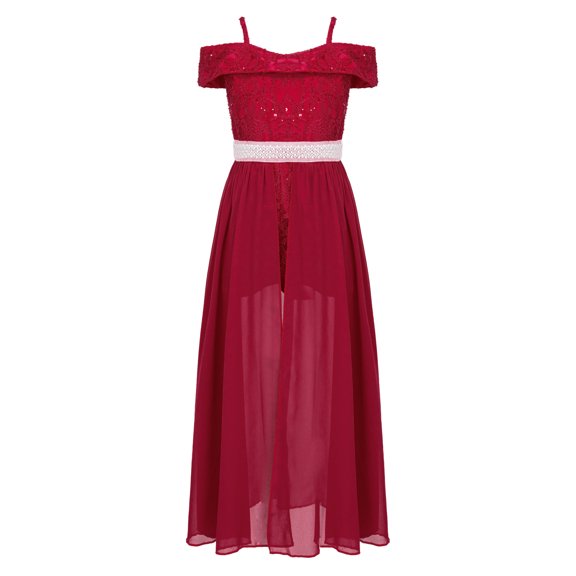 iEFiEL Girls Off-the-Shoulder Lace Chiffon Maxi Romper Dress Flower Girls Princess Pageant Ball Gown Burgundy 8