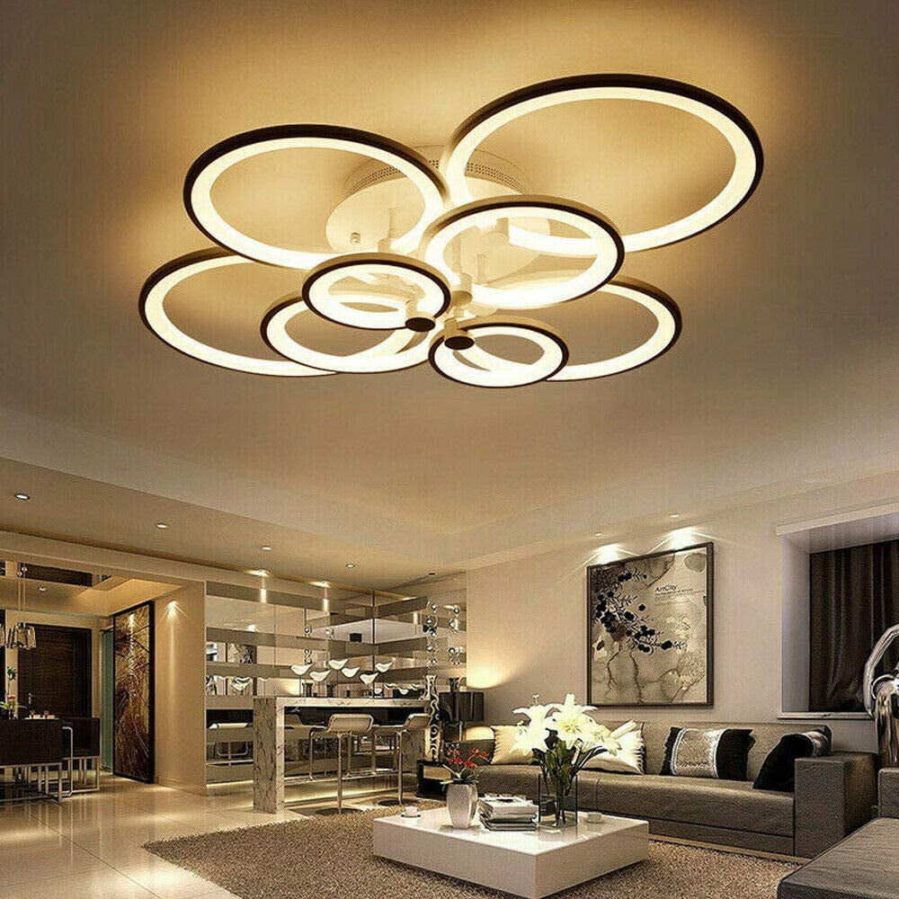 Fichiouy Modern LED Ceiling Lights Acrylic 8 Circle Ring Chandelier Lamp Fixture Dimming 3 Colors with Remote Control Black 150W
