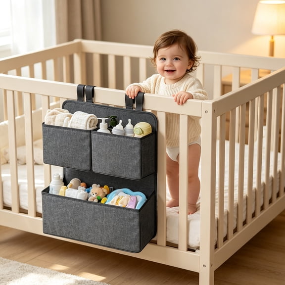 Large Capacity Hanging Storage Bag, water-resistant Washable Polyester Diaper Organizer Pouch for Playpen and Crib Bedside Nursery