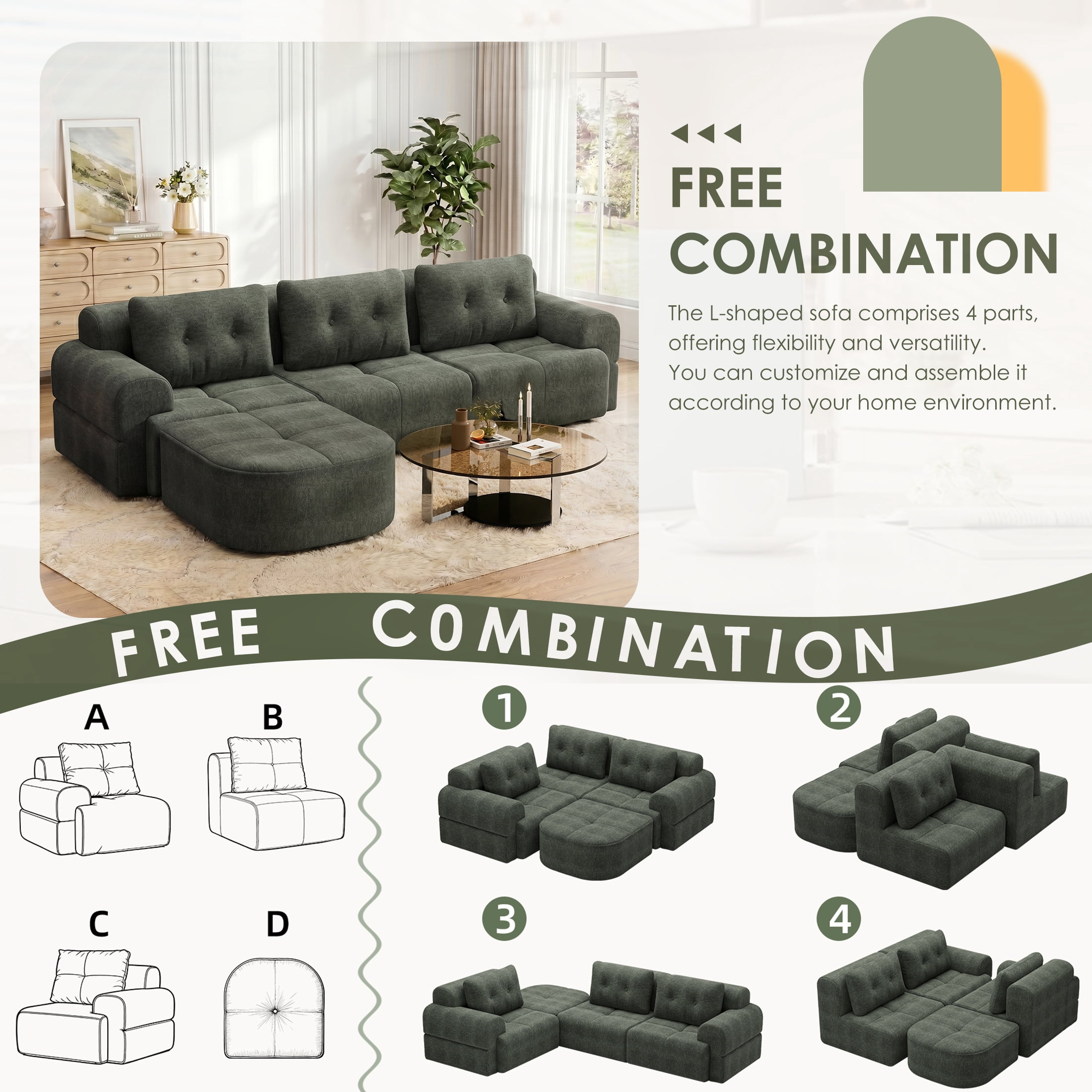 AISWORD 112" Modern L Shaped Modular Sectional Sofa, Cloud Sectional Deep Seat Couch, 4 Seater High-Density Memory Foam Couch Chenille Sofa, Boneless Couches for Living Room, No Assembly, Green