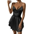thumbnail image 2 of Women Spaghetti Strap Satin Dress Sleeveless Low Cut Backless Short Romper Dress Party Jumpsuit Mini Sundress Black XS, 2 of 9