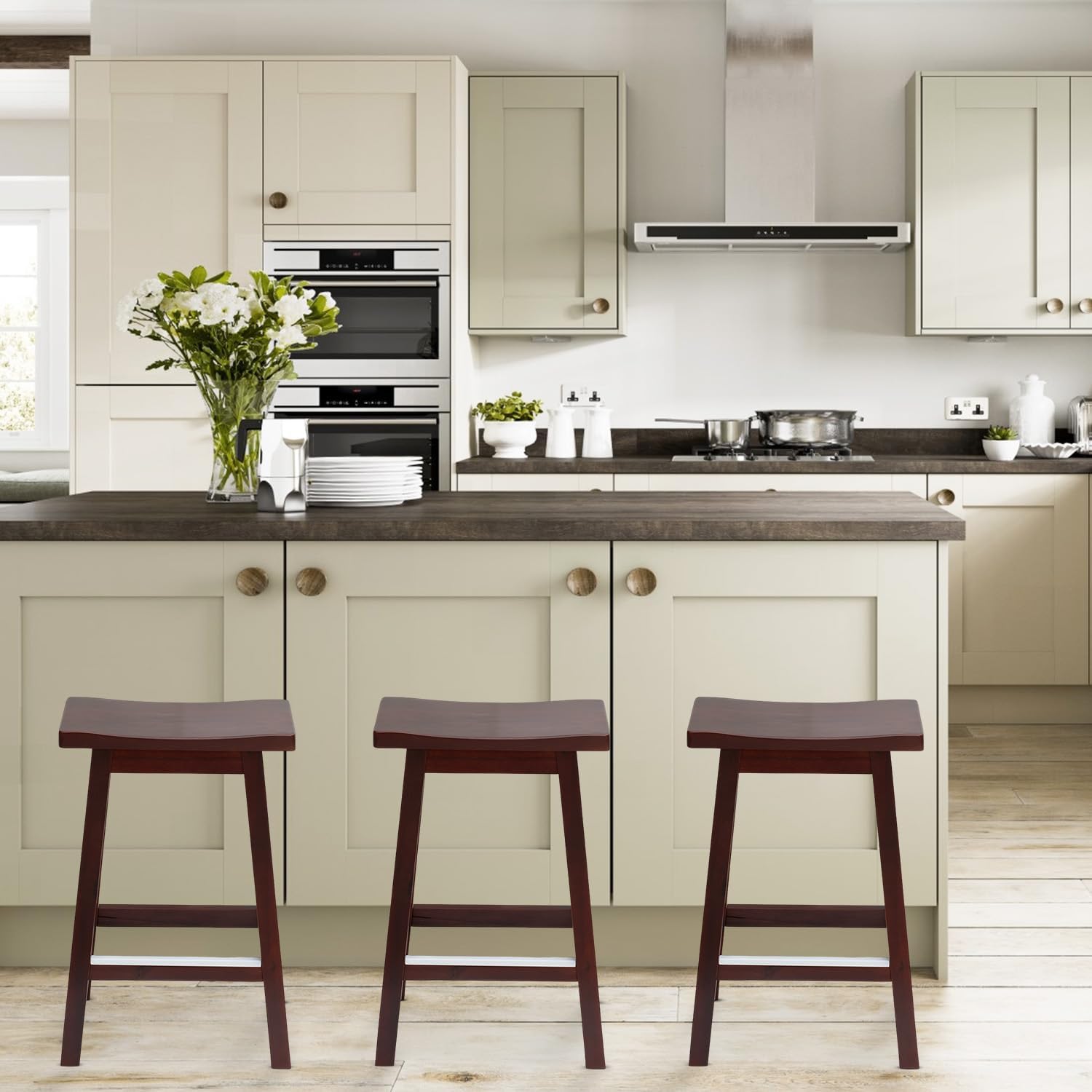FDW Bar Stools Set of 2 for Kitchen Counter Solid Wooden Saddle Stools 24-Inch Height (Brown, 24 in)