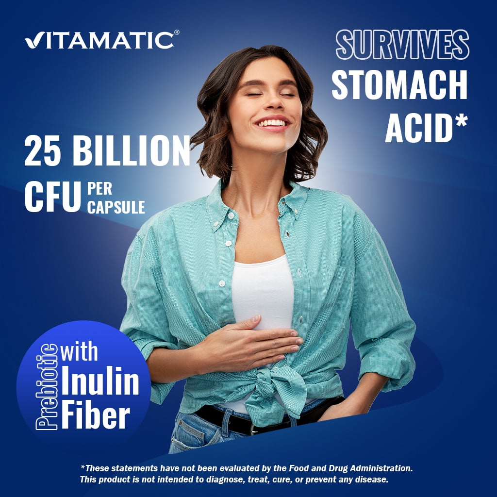 (3 pack) Vitamatic Acidophilus Bifidus 25 Billion DR Capsule - 60 Count - Digestive Support - Made with Prebiotic Inulin Fiber