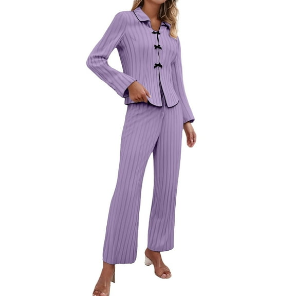 WCJM Women Pajama Sets Purple Plus Size Pajamas for Women Set Ribbed Pajama Sets for Women Pullover V Neck Long Sleeve Sleepwear Matching Comfy Long Pants Outfits Woman Knitting Pajamas