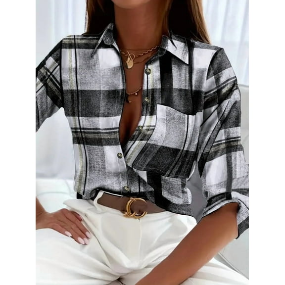 ZOELNIC Women's Plaid Button Down Shirts Long Sleeve Business Casual Blouse Top with Pocket, S
