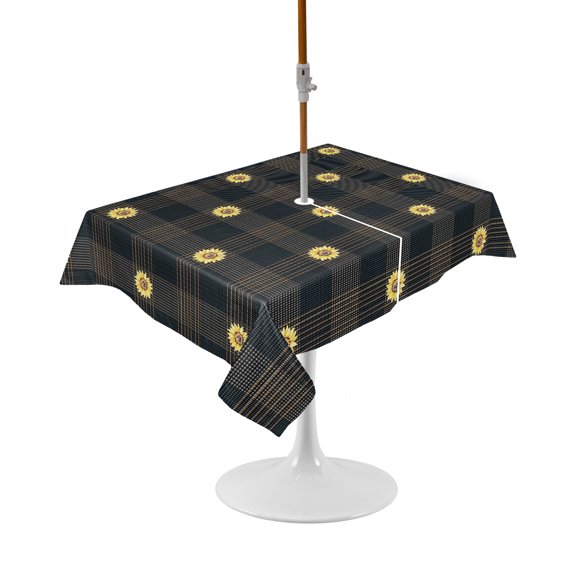 Outdoor Table Cloth with Umbrella Hole and Zipper, Sunflower, Waterproof Rectangle Tablecloth 54"x80", Gradual Geometric Abstract Modern Black Washable Table Cover for Outside Party Patio Picnic