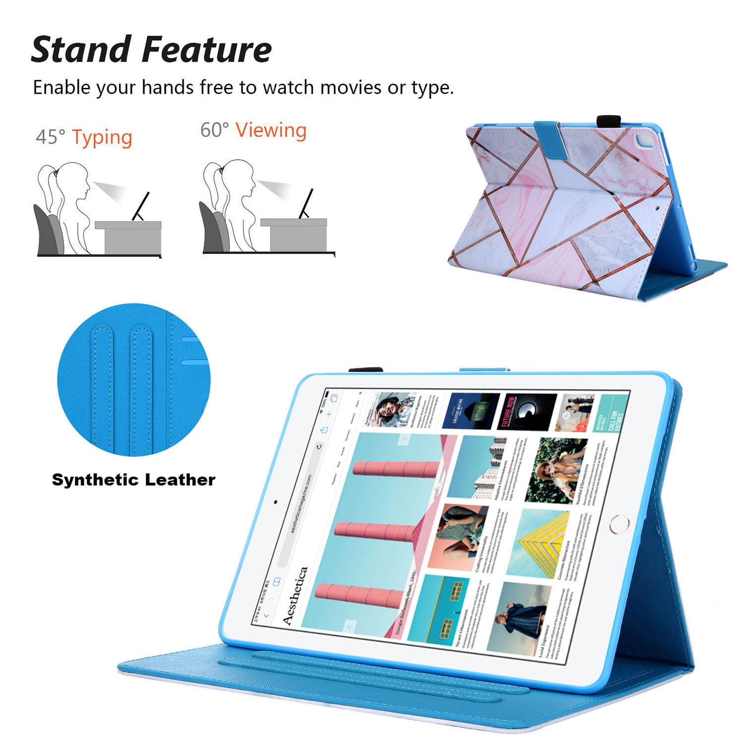 iPad 9.7 6th 5th Case, iPad 9.7 Case with Pencil Holder, Allytech PU Leather Slim Shockproof Auto Sleep Wake Kickstand TPU Back Cover Casef for Apple iPad 9.7 2018/2017, iPad Air 1 2,Pink Marble