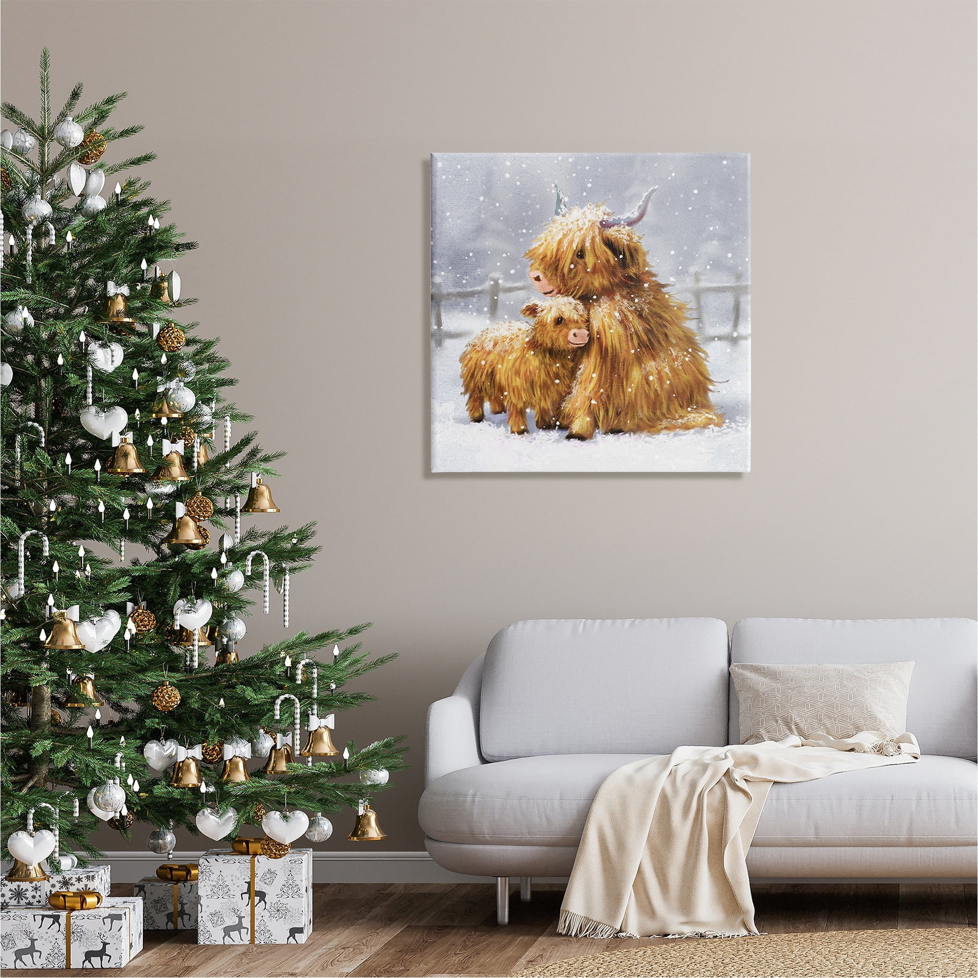 Stupell Industries Cattle Calf Snowy Farm Landscape Holiday Painting Gallery Wrapped Canvas Print Wall Art
