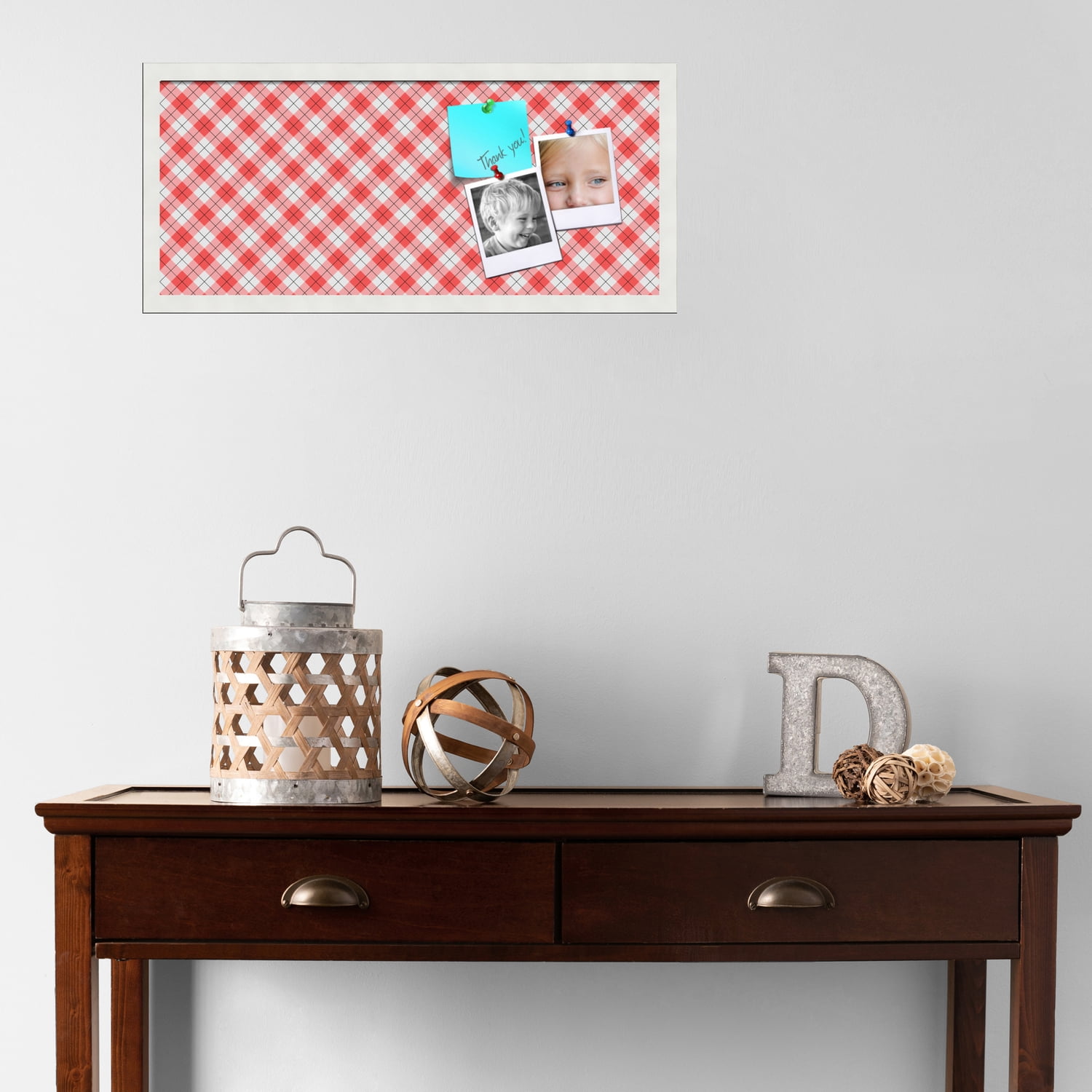 PinPix ArtToFrames 26x10 Custom Cork Bulletin Board Argyle Red   Poster Board Has a Fabric Style Canvas Finish, Framed in Satin White Frame (PinPix-646)