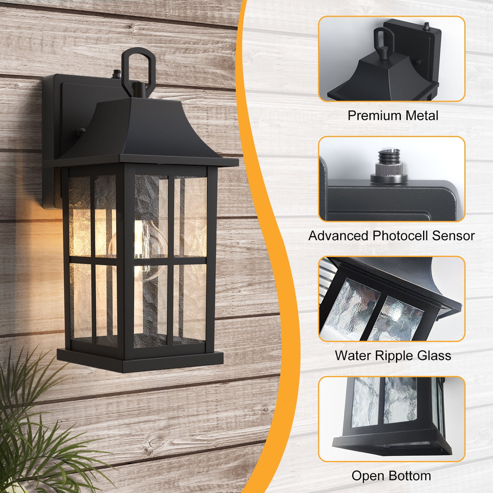 Maxax 2-Pack Black Outdoor Wall Lights, Waterproof Dusk-to-Dawn Exterior Wall Lanterns with Ripple Glass for Porch, Garage, Entryway, Patio