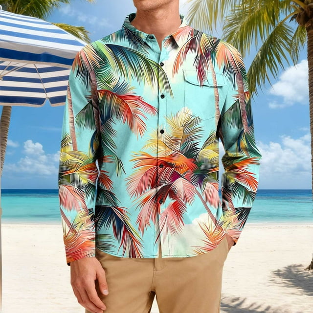 Ceisia Men's Regular-Fit Tropical Plant Print Long-Sleeve Button-Down Shirt for Spring/Summer Gift