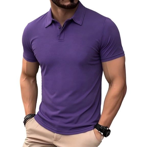 Fnnxeal Mens Polo Shirts Summer Collared Button Solid Short Sleeve Casual Polo Purple Shirts for Men Size 2XL