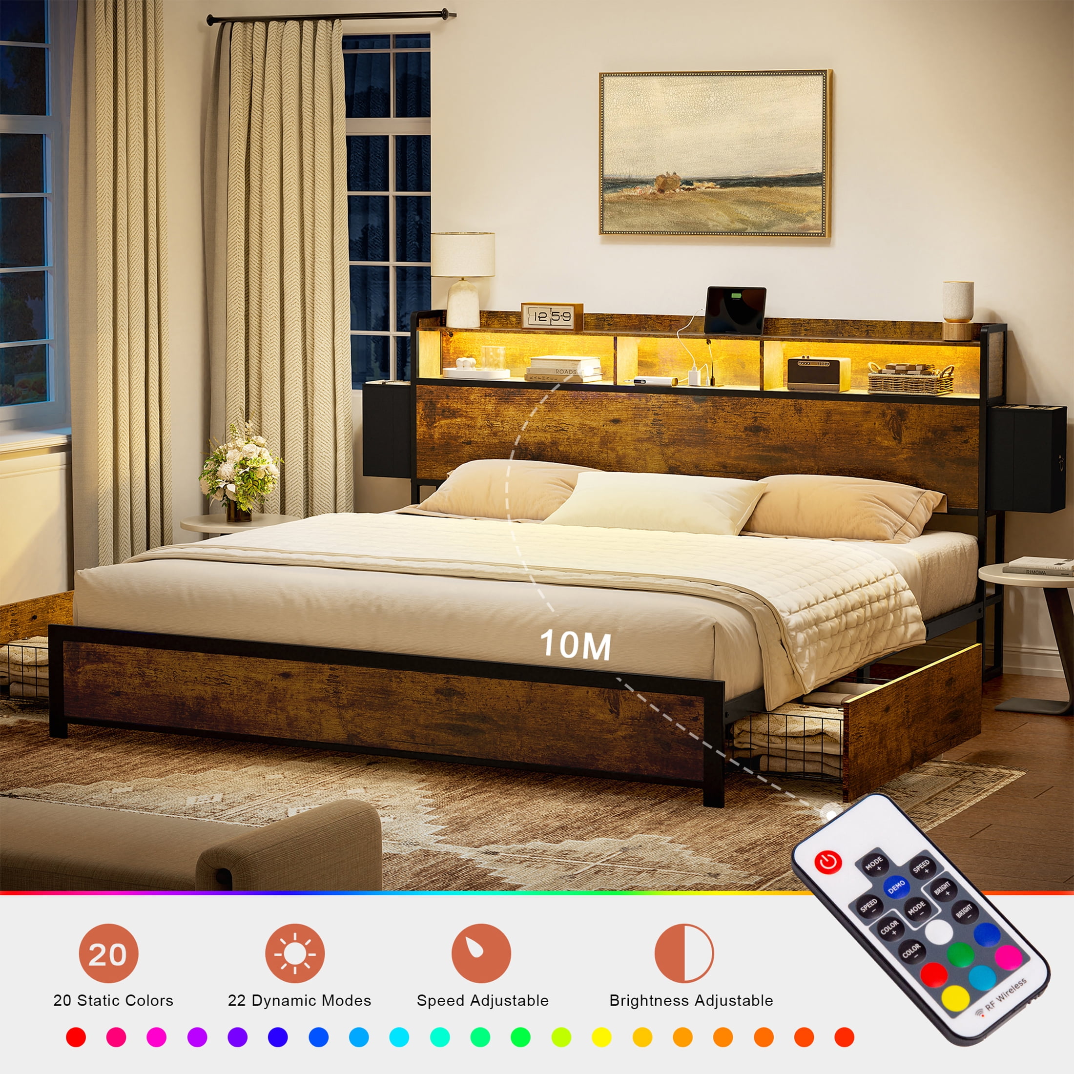 GUNAITO King Bed Frame with 2 Drawers Headboard Platform Bed Frame with LED Lights Charging Station Rustic Brown