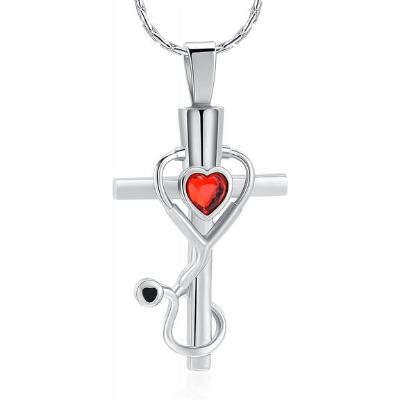 Stethoscope Cross Pendant Cremation Jewelry for Ashes Inlaid Heart Shape Crystal Cross Memorial Urn Necklace Doctor Nurse Keepsake Gift