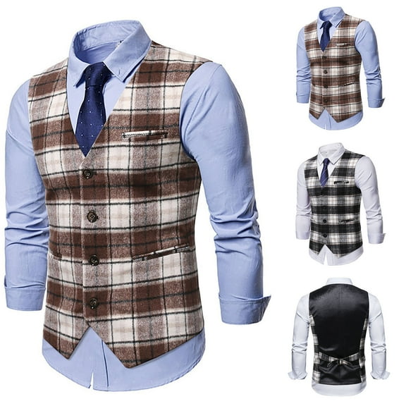 Hinvhai Men's Suit Vest Business Plaid formal Dress Waistcoat Slim Fit Vests for Men with 3 Pocket for Suit or Tuxedo Coffee 10(XL)