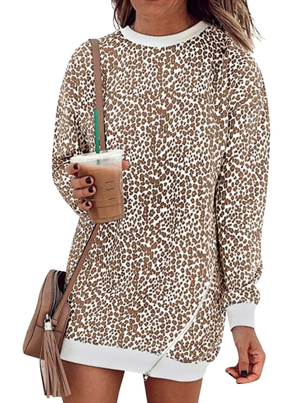 ZXZY Women Crew Neck Zipper Leopard Pullover Sweatshirt
