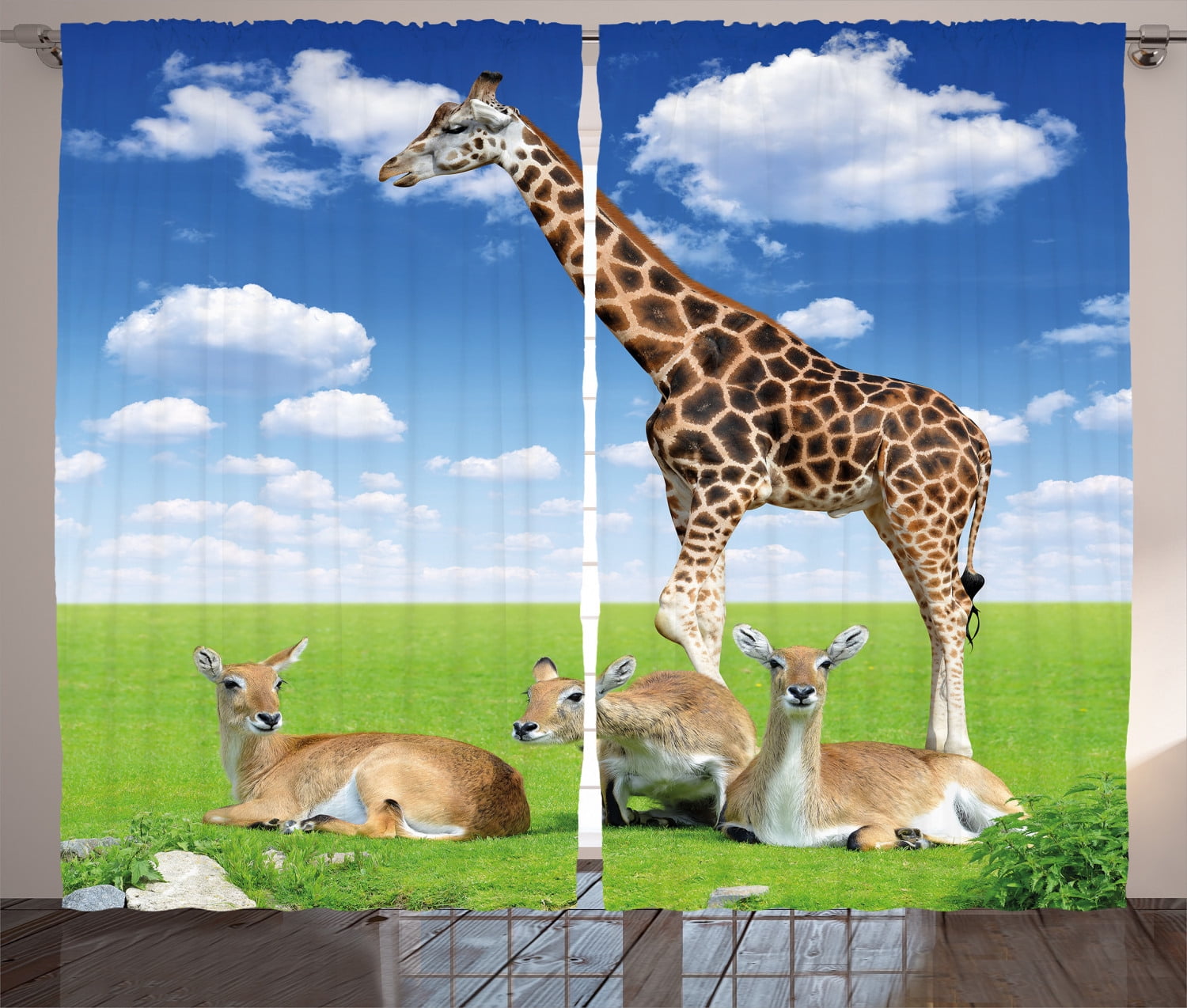 Giraffe Curtains 2 Panels Set, Antelope and Giraffe on Green Meadow Zoo