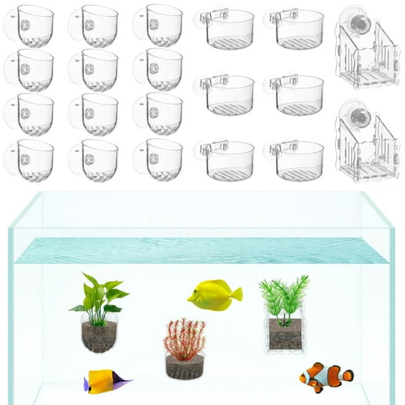 20Pcs Aquatic Plant Cups with Suction Cups& Hole, Water Weed Cups, Transparent Acrylic Aquatic Plant Pot, Fish Tank Planters, Aquarium Plant Holders