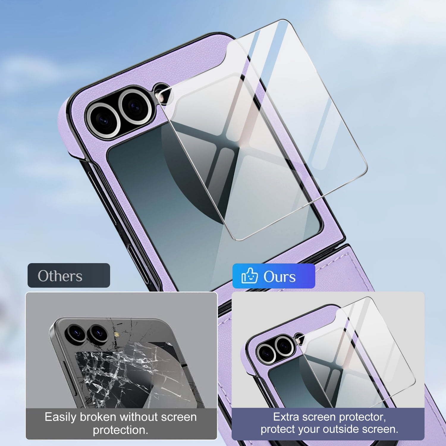 Compatible with Samsung Galaxy Z Flip 7 Phone Case,Built-in Screen Protector,360° Rotatable Ring Kickstand,Compatible with Mag-Safe,Anti-Scratch Leather Shockproof Rugged Phone Case,Lightpurple