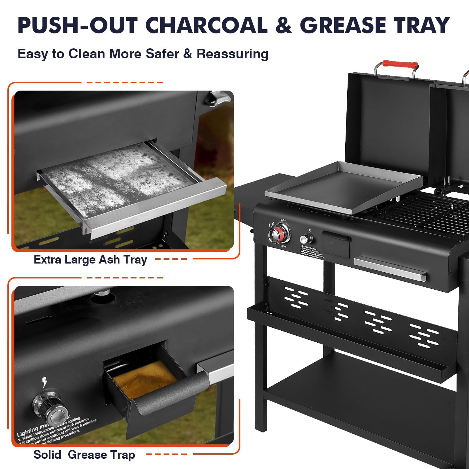 Frizi Charcoal and Gas Grill Combo with Black Dual Lids, Dual Fuel Propane Gas Grill with 2 Side Shelves for Outdoor Backyard Barbecue Cooking