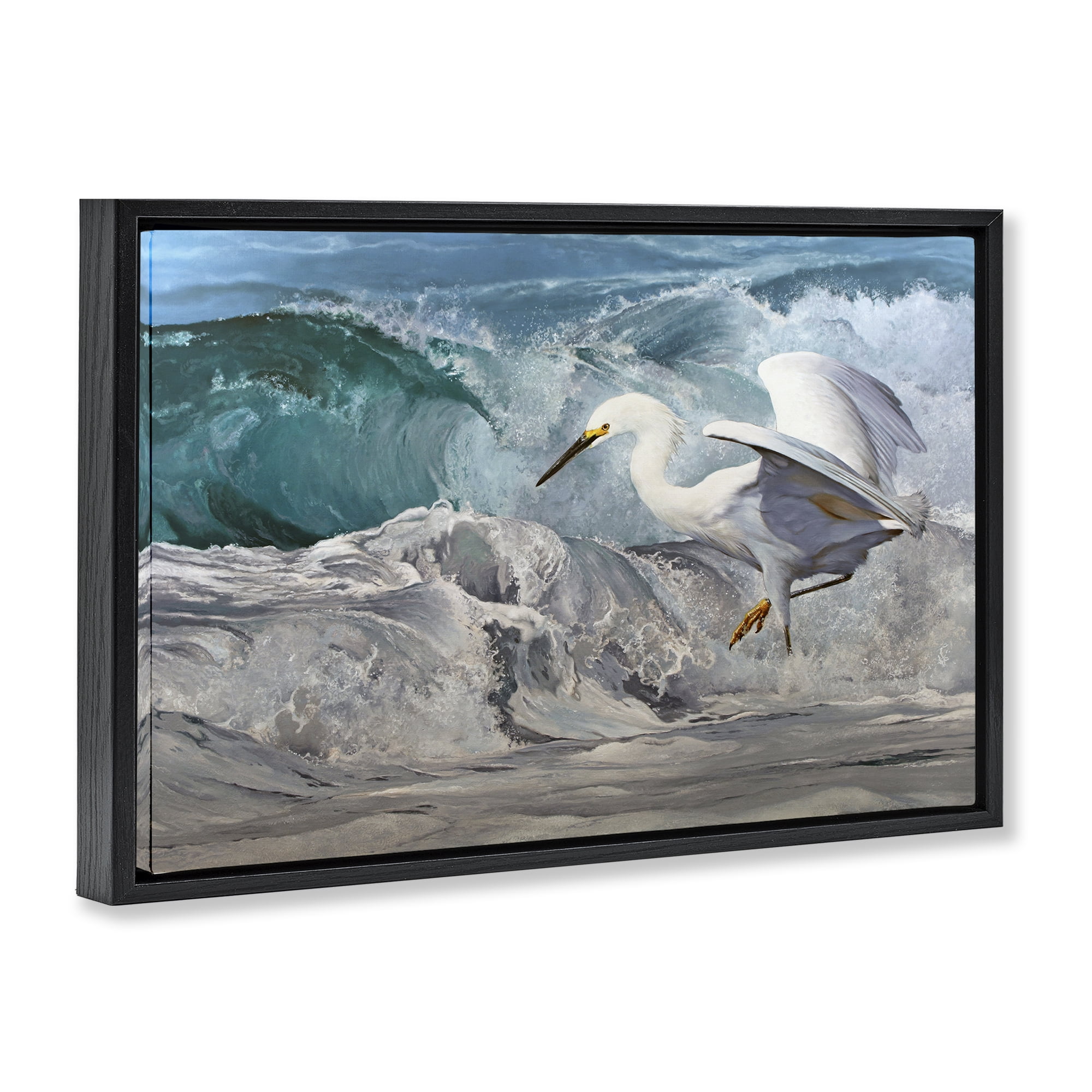 Stupell Industries Wave Dancer Heron Nautical & Beach Painting Black Floater Framed Canvas Art Print Wall Art, 31 x 21
