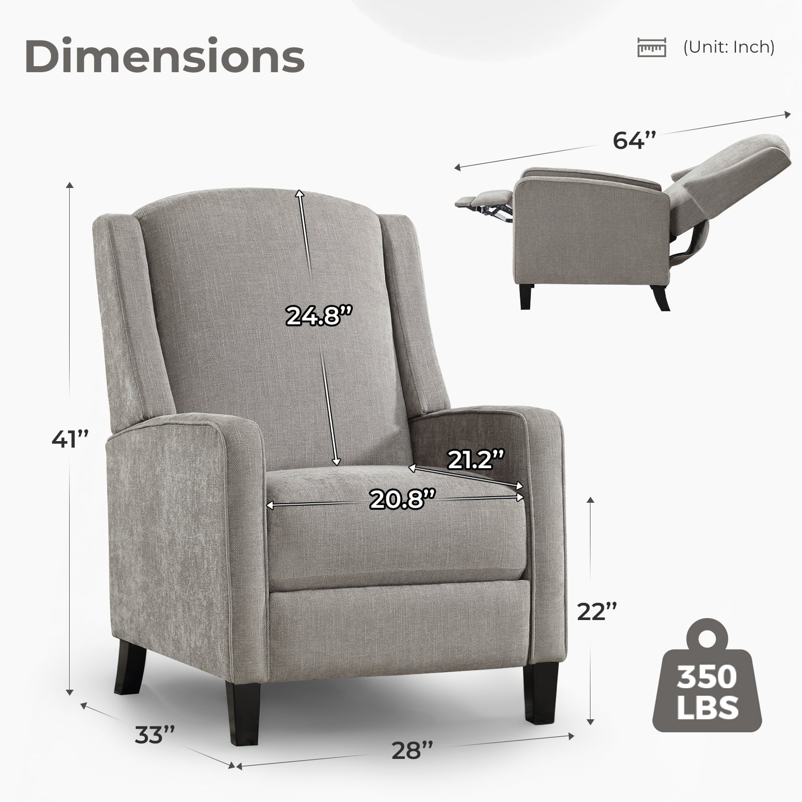 Bonzy Home Recliner Chair Push Back Upholstered Wingback Fabric Home Theater Single Sofa for Living Room,Gray