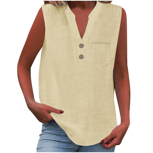 Admvng Tank Tops for Women Solid Color V-Neck Button Sleeveless Pocket Pullover Tank Top S-2XL