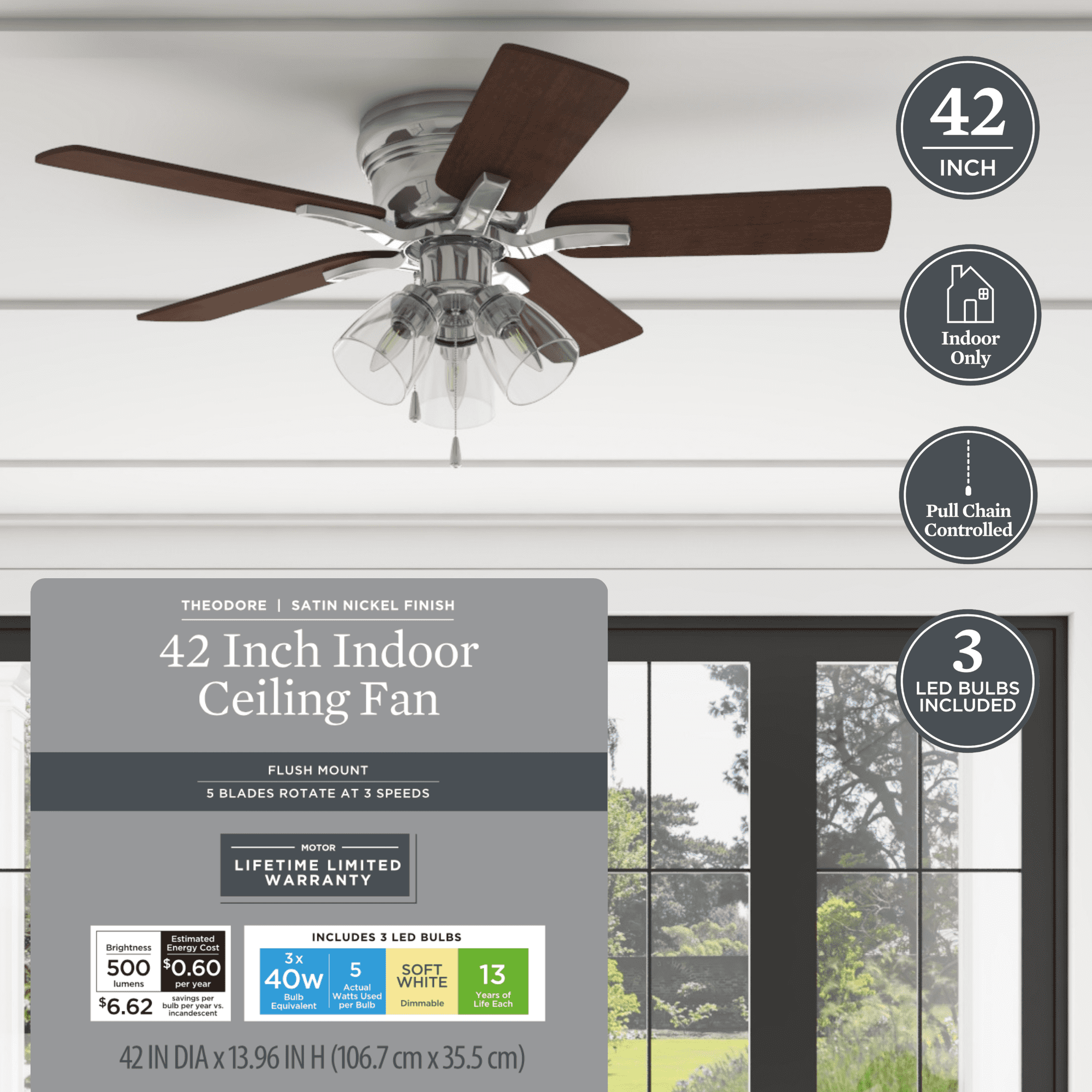 Better Homes & Gardens 42 in Traditional Satin Nickel Indoor Ceiling Fan with Lights, Pull Chain Control & Reverse Airflow