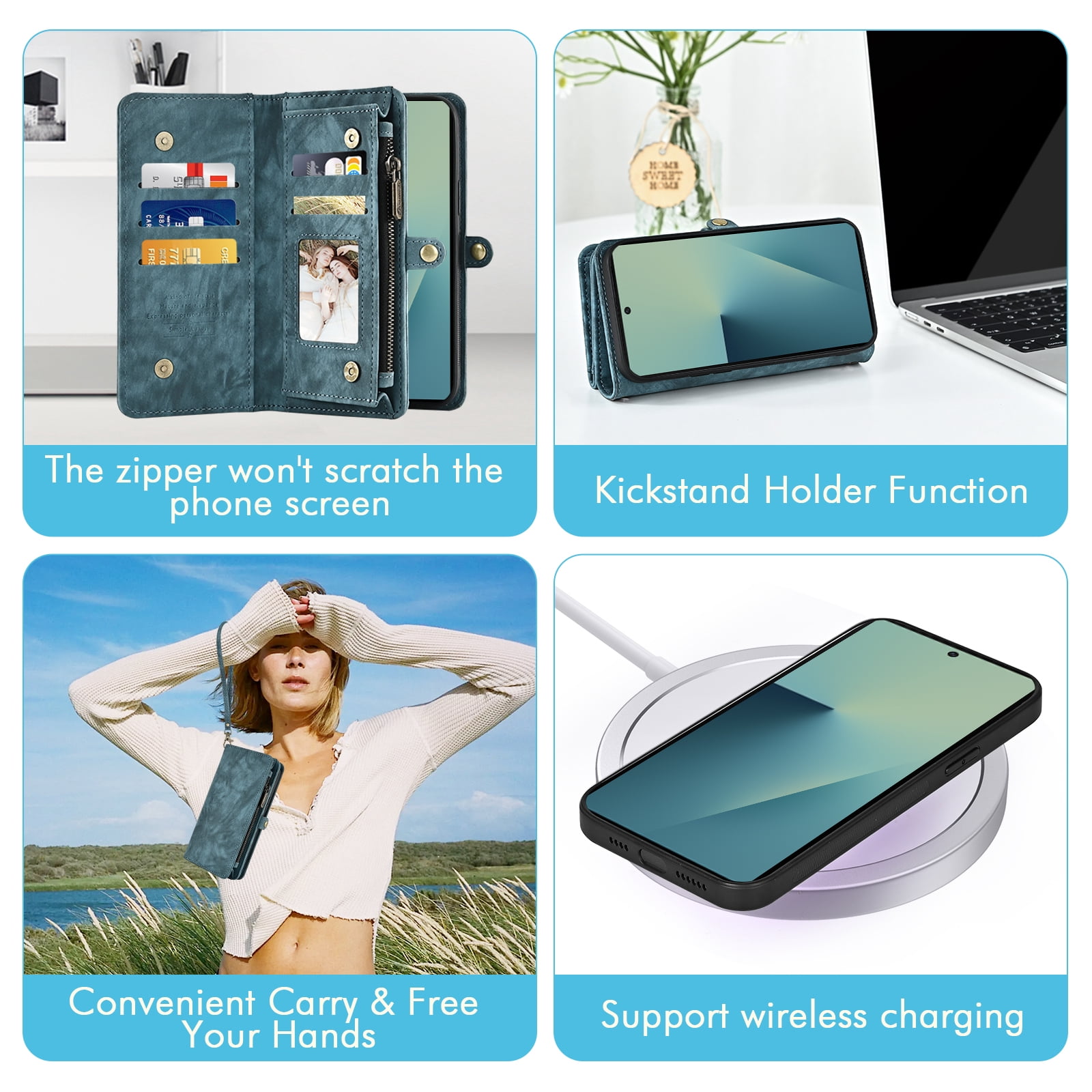 Asuwish Phone Case for Samsung Galaxy Z Fold 7 Zipper Wallet Detachable Cell Cover Crossbody Lanyard Strap Flip Card Holder ZFold Z7 G Fold7 7Z Women Girls Blue