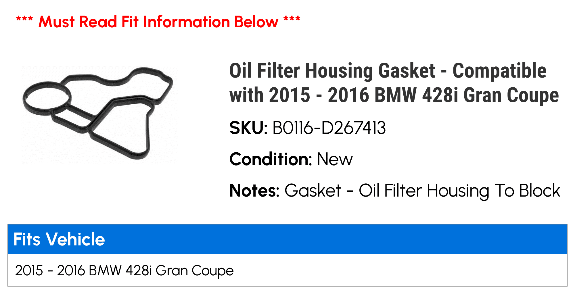 Oil Filter Housing Gasket - Compatible with 2015 - 2016 BMW 428i Gran Coupe
