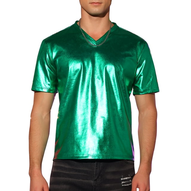Camiseta de fiesta disco de manga corta metálica brillante para hombres INSPIRE CHIC XL verde oscuro