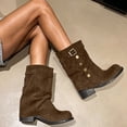 thumbnail image 5 of OKBOP Women's Faux-Suede Mid-Calf Slouch Boots, Fold-Over Shaft Studs Buckle Pull-On Round Toe Block Low Heel Boots Boots Sizes 37, 5 of 5