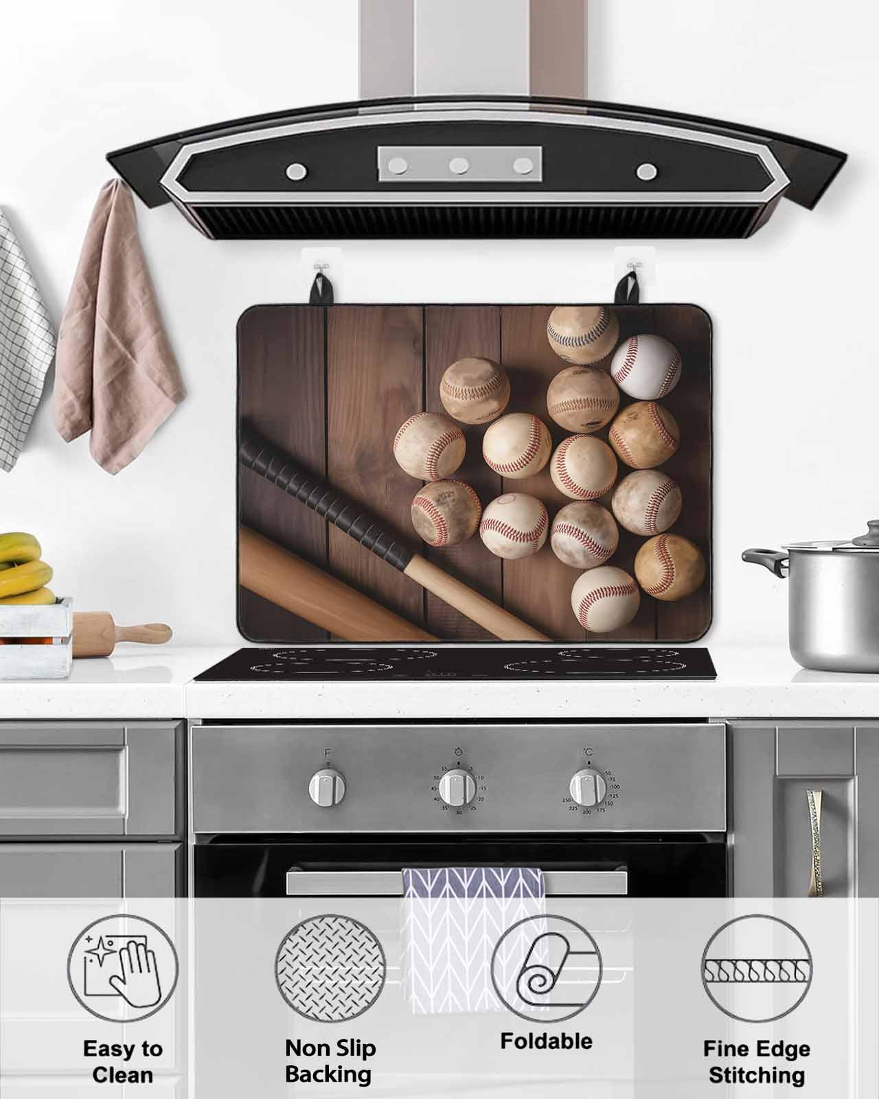 Large Induction Cooktop Protector Mat Baseball Stove Top Covers for Electric Stove, Farmhouse Retro Sport Theme Brown Wooden Grain Decorative Stove Burner Cover Mats, Glass Top Stove Cover