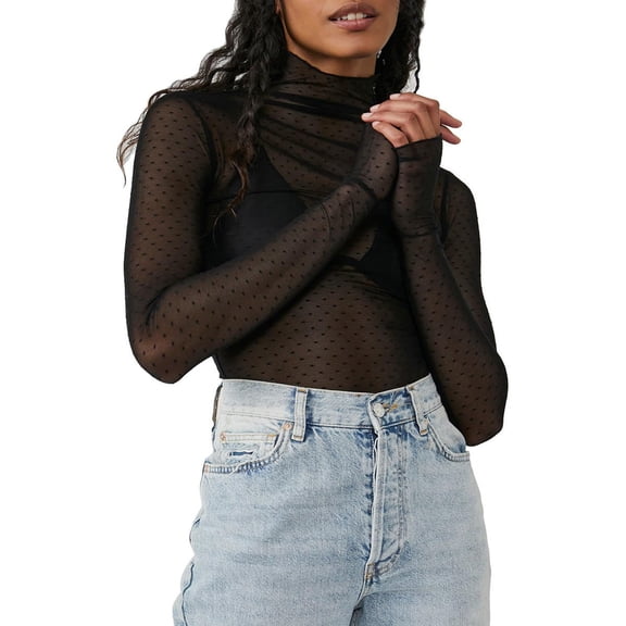 MEICHEN Women Sexy Lace Mesh Long Sleeve Shirts Slim Cut Crop Tops Going Out Layering Slim Fit Tee Streetwear Clothing
