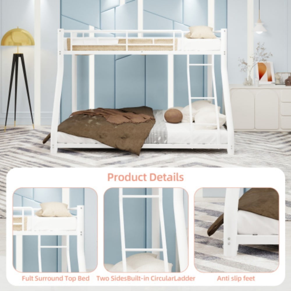 Twin Over Full Metal Bunk Bed, Heavy Duty Frame with Guardrails, Space-Saving Design, Twin & Full Mattress Compatible, Classic White