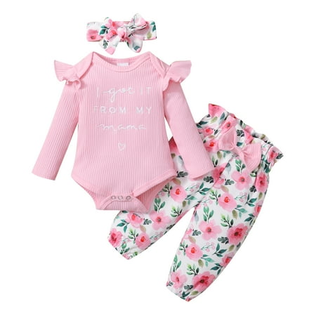 

KIMI BEAR Newborn Baby Girls Romper Outfits 6 Months Newborn Girls Fall Winter Clothes 12 Months Girls Sweet Pit Stripe Long Sleeve Jumpsuits Floral Pants Headband 3PCs Set Pink