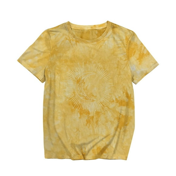 LUOGENLI Female T-shirts for Womens Personality Casual T Shirt Moon Summer New Tie Dye Short Sleeve Women Womens Funny T-shirts Graphic Tees Summer Clothes Yellow L