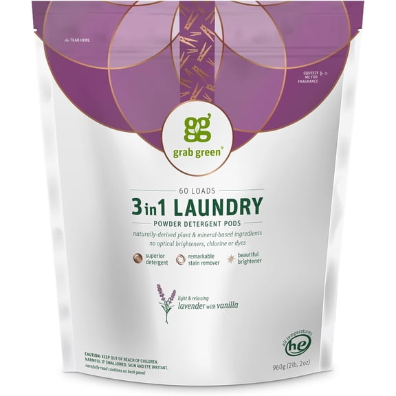 3-in-1 Laundry Detergent Pods, 60 Count, Lavender Vanilla Scent, Plant and Mineral Based, Superior Cleaning Power, Stain Remover, Brightens Clothes