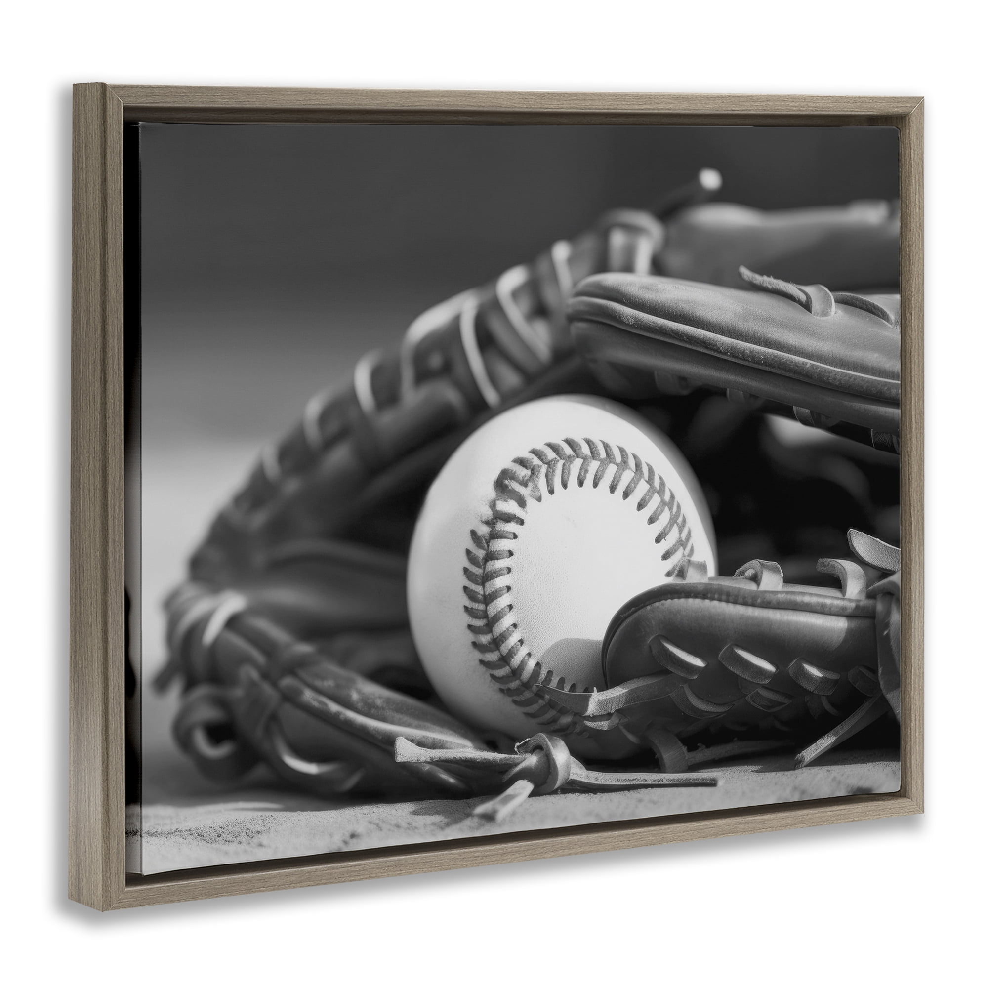 Stupell Industries Baseball Mitt & Ball Sports Photography Brown Floater Framed Canvas Art Print Wall Art, 31 x 25