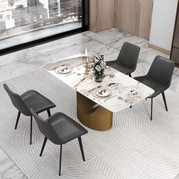 bokifol Modern Dining Table,63" Large Kitchen Table for 4-6 People,Unique Rectangular Dinner Table Kitchen & Dining Room Furniture with Faux Marble Tabletop and U Legs,White