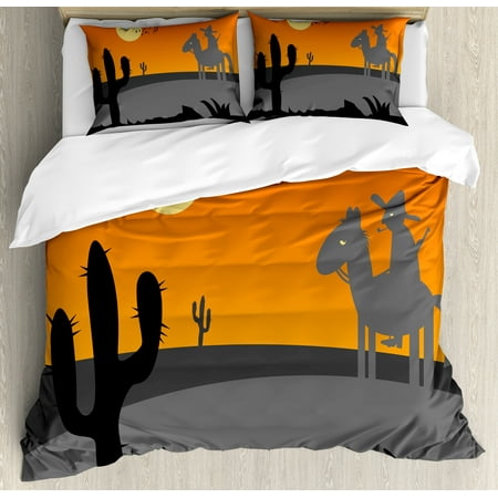 Southwestern Queen Size Duvet Cover Set, Cartoon Style Hot Mexico Desert Landscape with Saguaro Cactus and Horse Rider, Decorative 3 Piece Bedding Set with 2 Pillow Shams, Multicolor, by