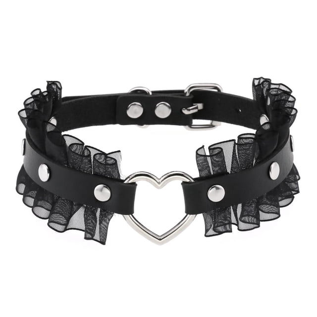 Collar de gargantilla de cuero para mujeres y niñas, collar de gargantilla de corazón gótico punk rock, collar de encaje