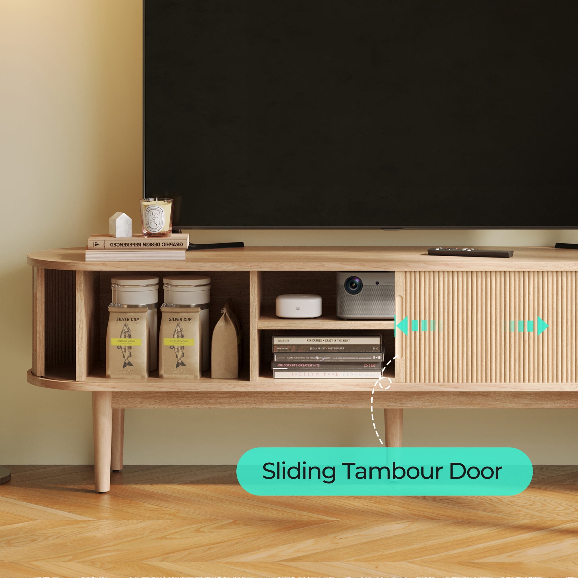 LINSY HOME Fluted TV Stand for TVs up to 65", Mid-Century Home Entertainment Center with Sliding Tambour Door and Adjustable Shelves, Oak