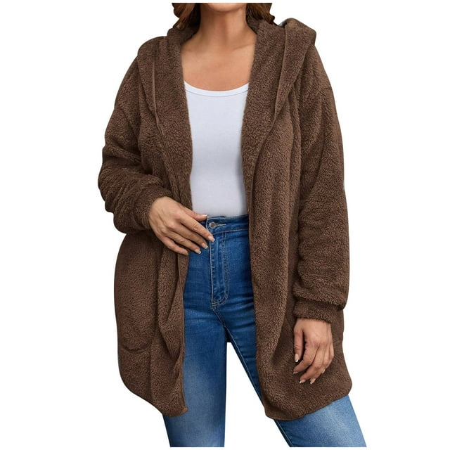 KIHOUT Womens Winter Long Sleeve Solid Fuzzy Fleece Open Front Hooded Cardigans Jacket Coats Outerwear with Pocket
