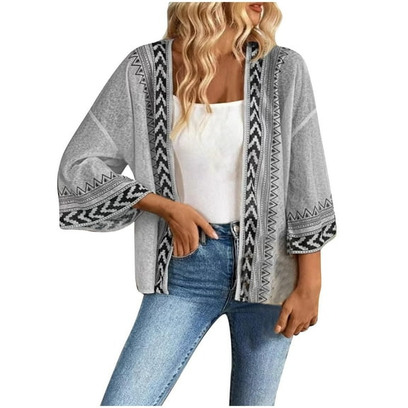 Uootdi Women's Boho Tribal Print Cardigan 3/4 Sleeve Open Front Kimono Lightweight Knit Cover Up Casual Summer Beachwear Trendy Festival Outfit Versatile Layered Top